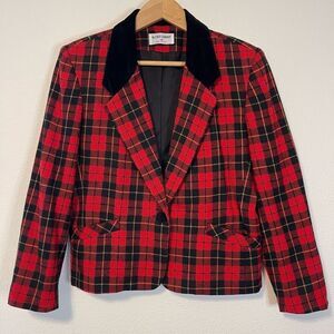 Vintage Alfred Dunner Red Tartan Plaid Wool Blend Blazer Size 8